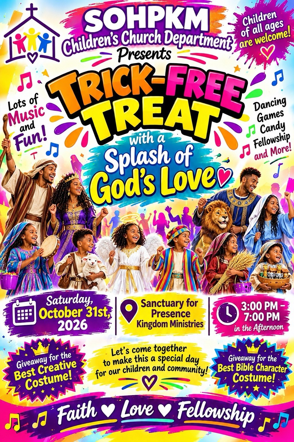 Trick-Free Treat with a Splash of God's Love flyer: Saturday, October 31, 2026, 3:00 to 7:00 PM. Children of all ages welcome.